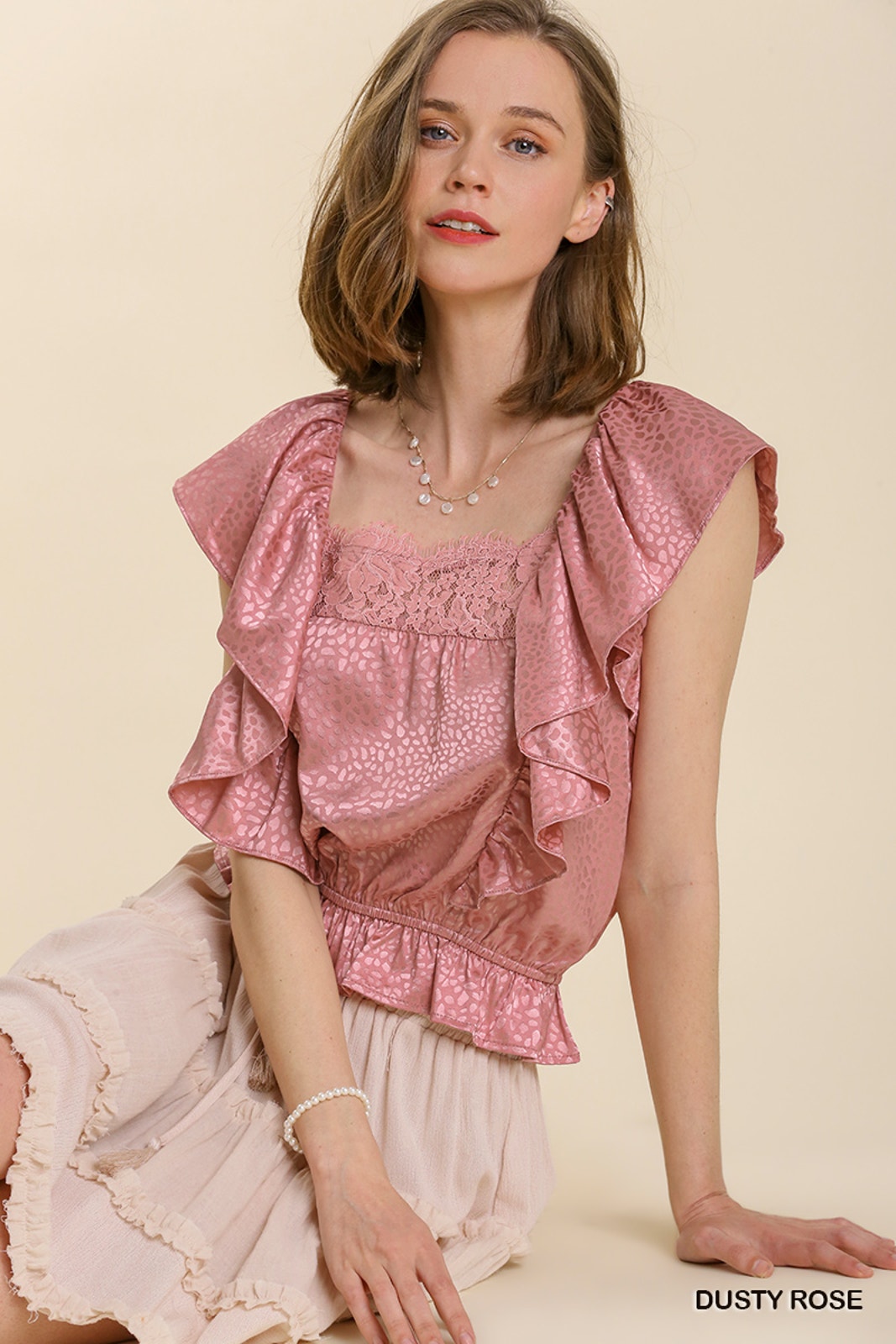 Umgee Satin Ruffle Top Medium Jacquard Lace Square Neck Back Tie Dusty Rose, M